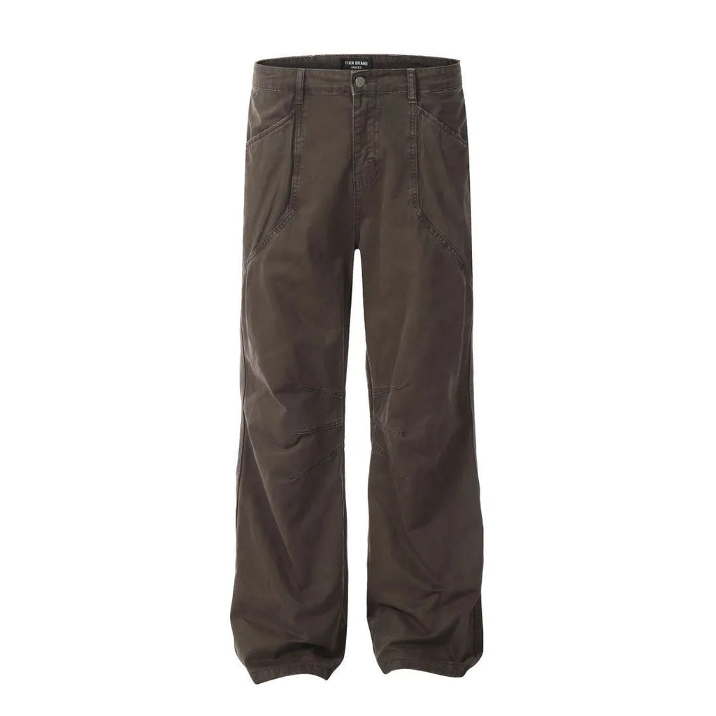 Men's brown straight-leg cotton trousers with high-waist design and zipper fly opening