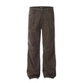 Men's brown straight-leg cotton trousers with high-waist design and zipper fly opening