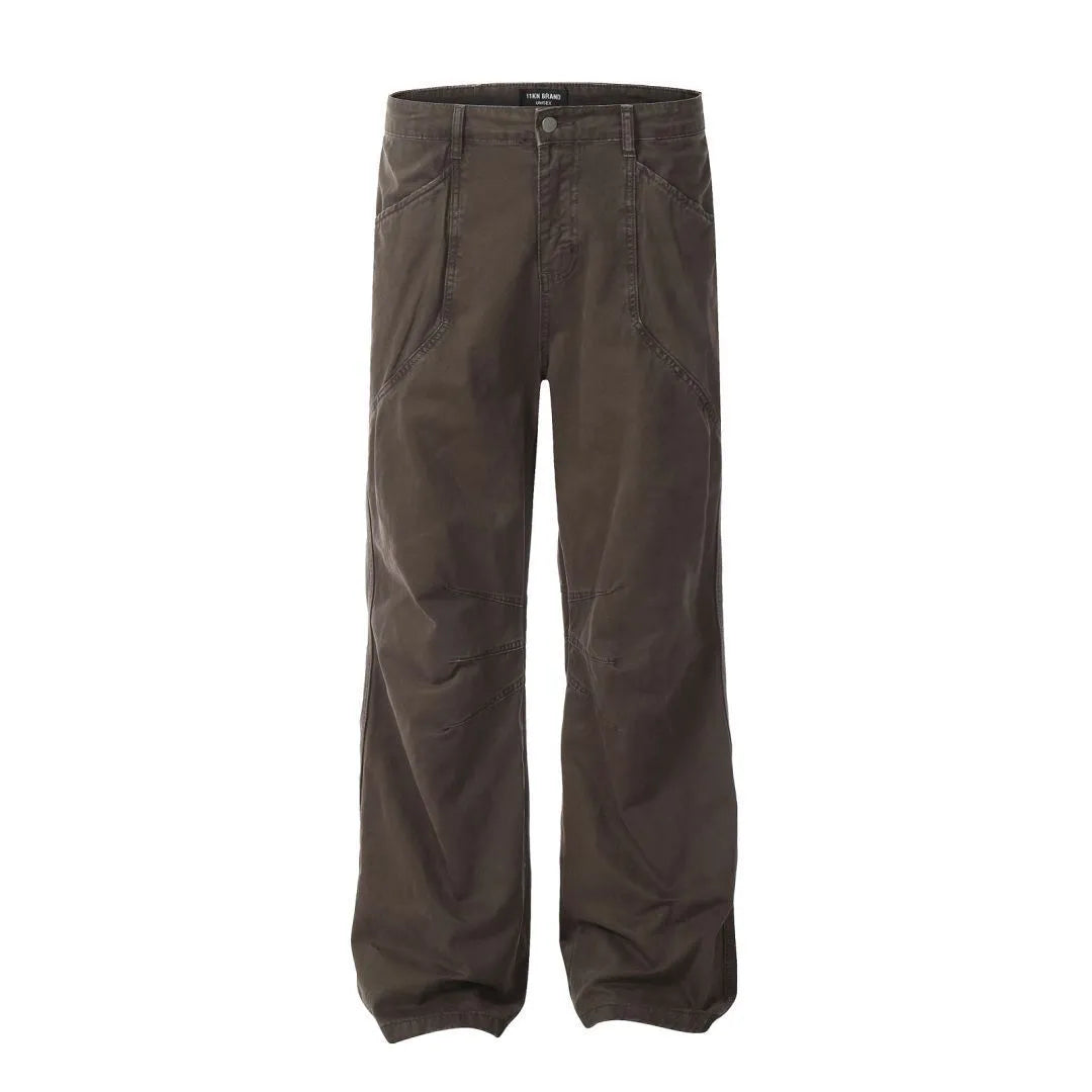 Men's brown straight-leg cotton trousers with high-waist design and zipper fly opening