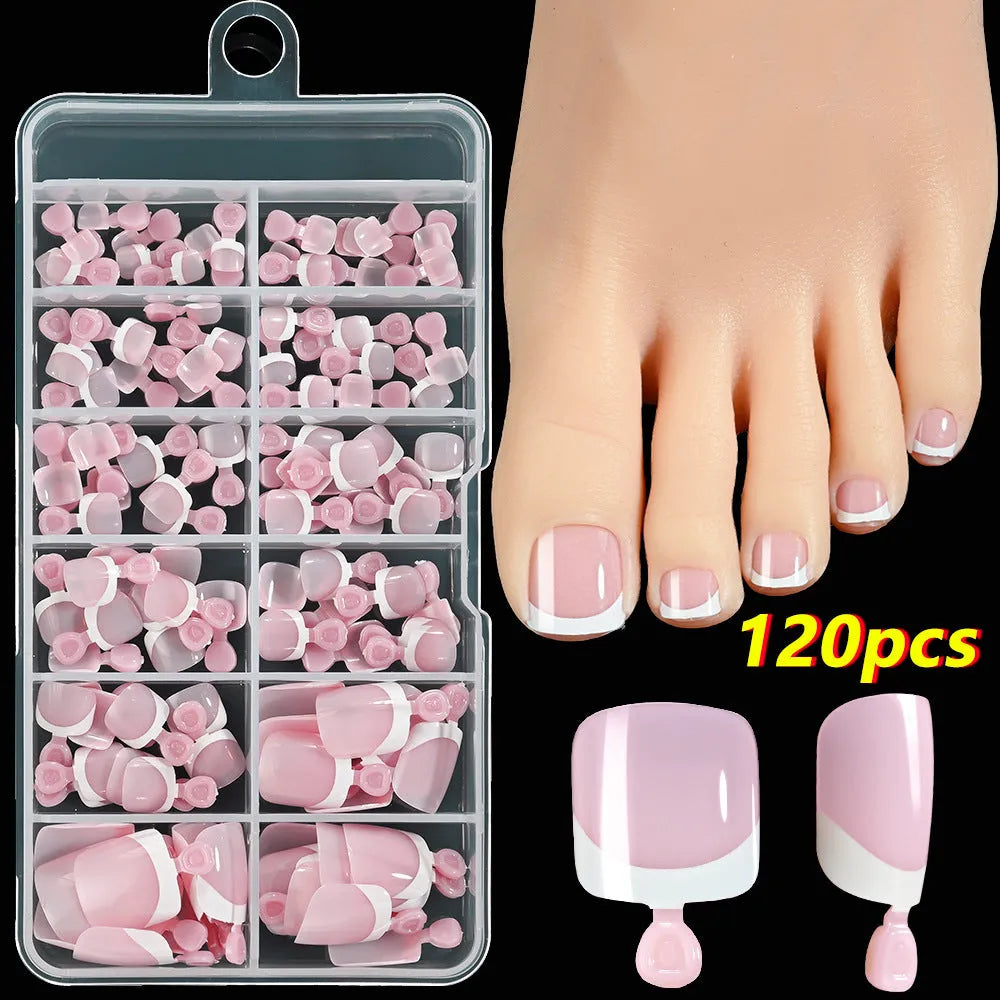French white edge feet nude full square short artificial nail pieces 120pc boxed set showing multiple nude colour shades