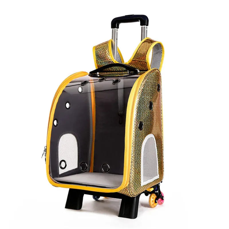 Transparent pet trolley bag with folding shoulder design in Oxford cloth with acrylic viewing cover