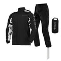 Motorcycle rain suit comprising a black split-style raincoat and rain pants with hidden shoe covers and storage bag.