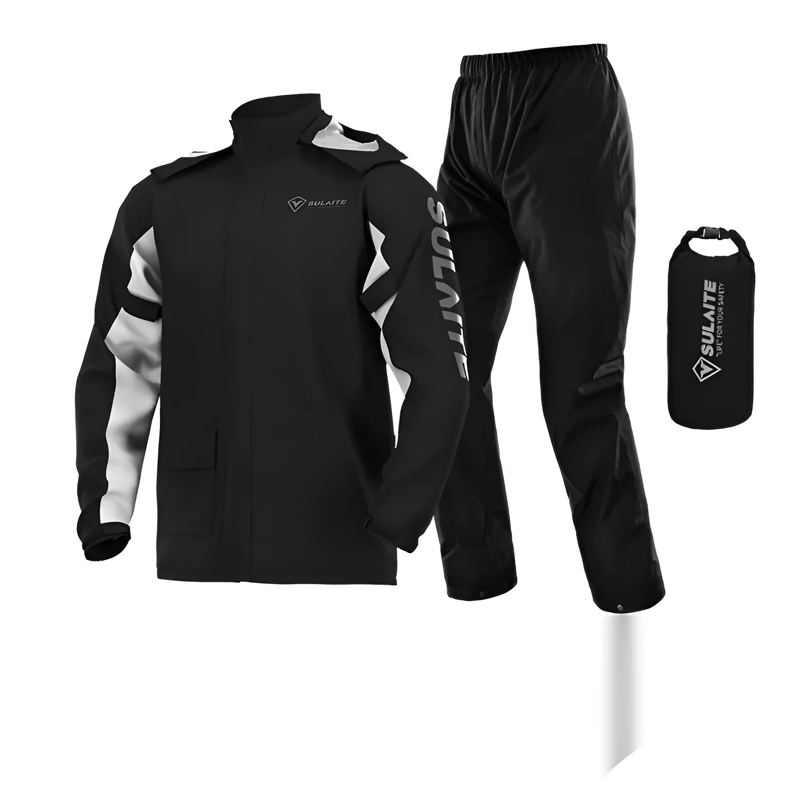 Motorcycle rain suit comprising a black split-style raincoat and rain pants with hidden shoe covers and storage bag.