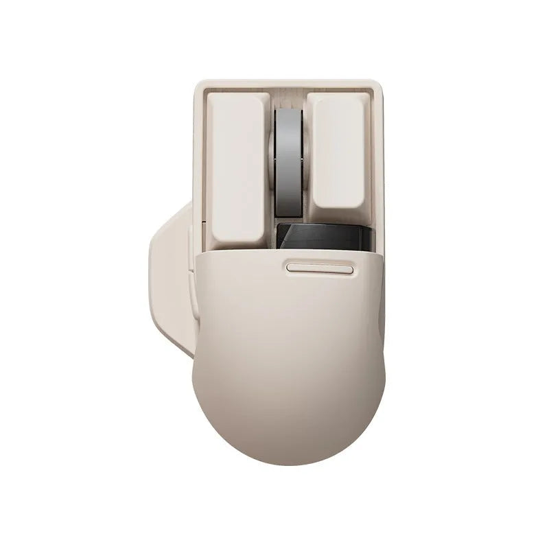 Xiaoqiao tofu-coloured wireless mouse with multiple buttons beside its Type-C charging cable and wireless receiver.