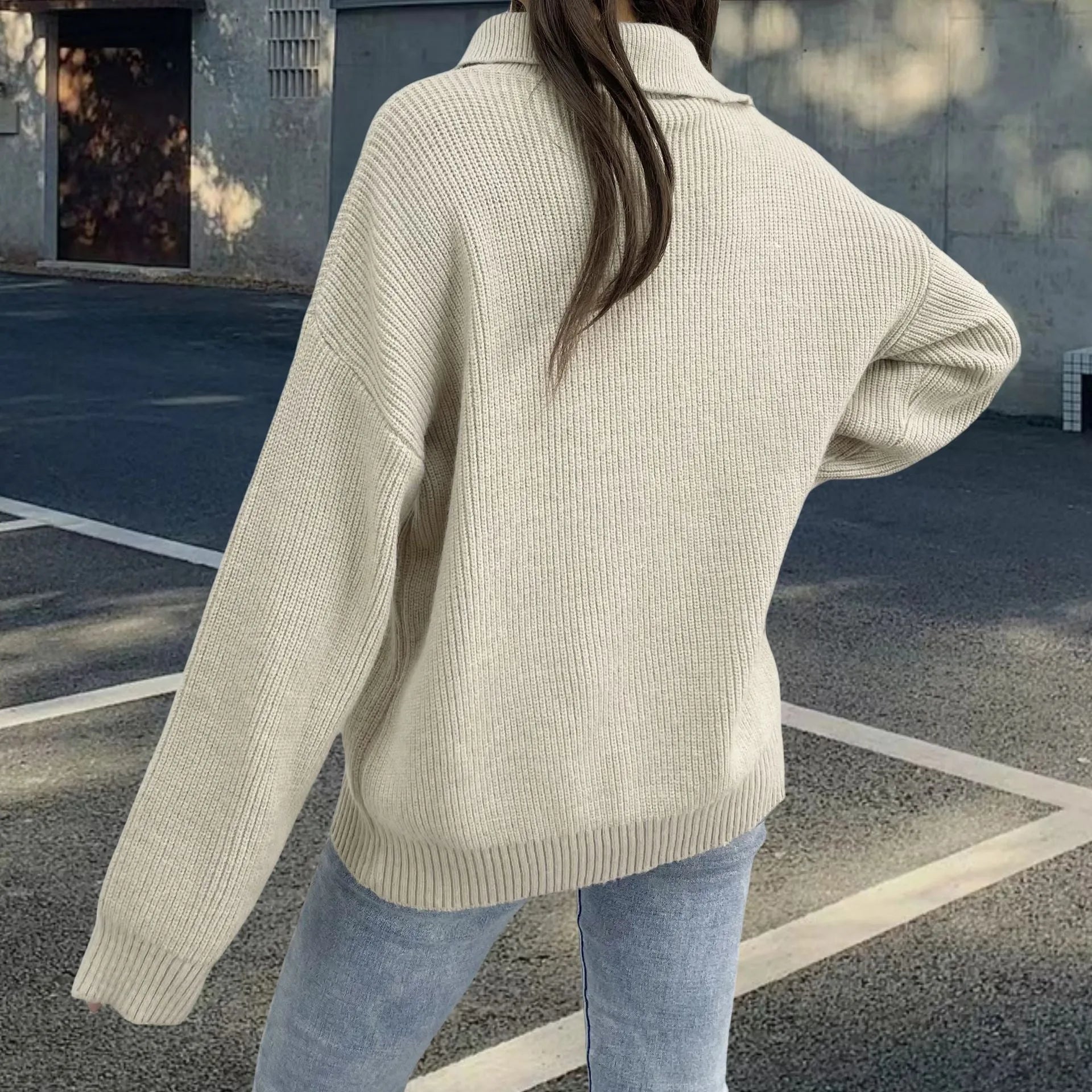 Women's alpaca fleece pullover sweater with an oblique chest zipper and retro turtleneck.