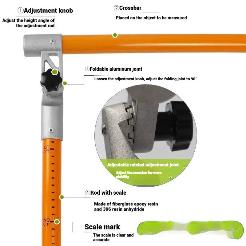 Telescopic cargo truck height measuring rod extended vertically showing printed height scale.