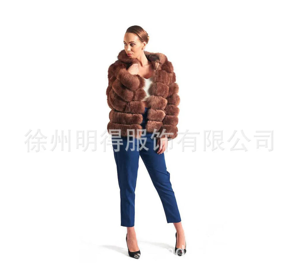 Women's loose brown artificial fur hooded coat on a hanger, street fashion style.