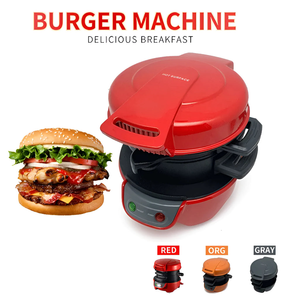 Bright red multifunctional breakfast machine with sandwich plates, waffle grid, and egg cooker ring on a kitchen counter.