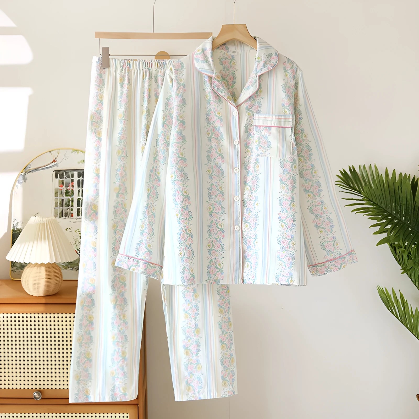 Japanese-style ladies' cotton gauze homewear set with long sleeves and trousers in colour stripe or fruit print patterns