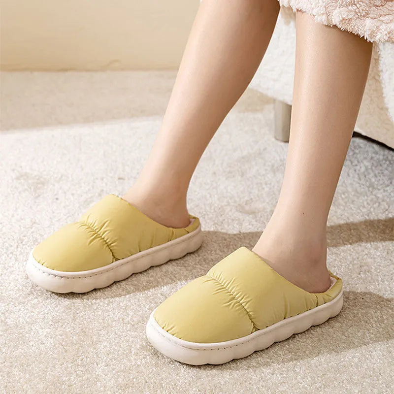 Down cotton plush slippers with thick rubber soles in blue, green, grey, pink, or yellow colours