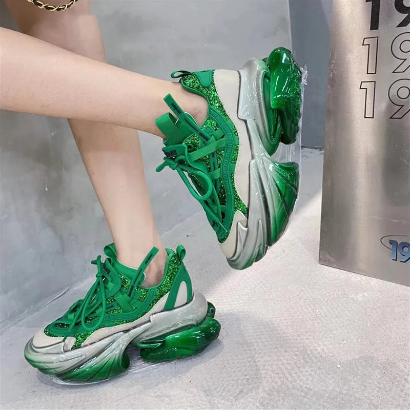 Women's leather casual sports shoes with thick jelly soles and cross-tie design in multiple colour options
