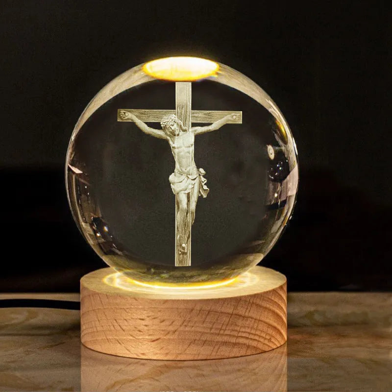 White crystal lamp with 6cm diameter orb on solid wood warm light base showing religious ornamentation