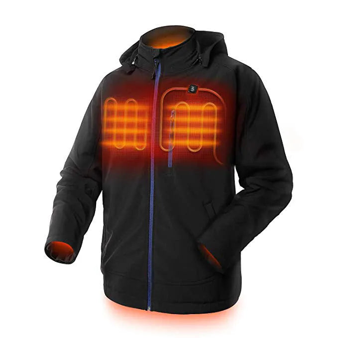 Black USB heated waterproof winter coat for men with straight hem and zipper pockets
