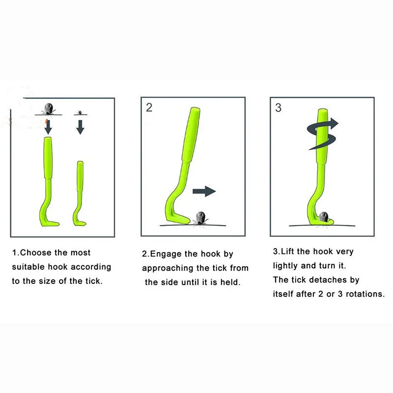 Three plastic pet tick removal hooks in blue or green colours