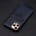 Dark blue PU leather phone case shown on an iPhone, highlighting protective edges and precise button cutouts.