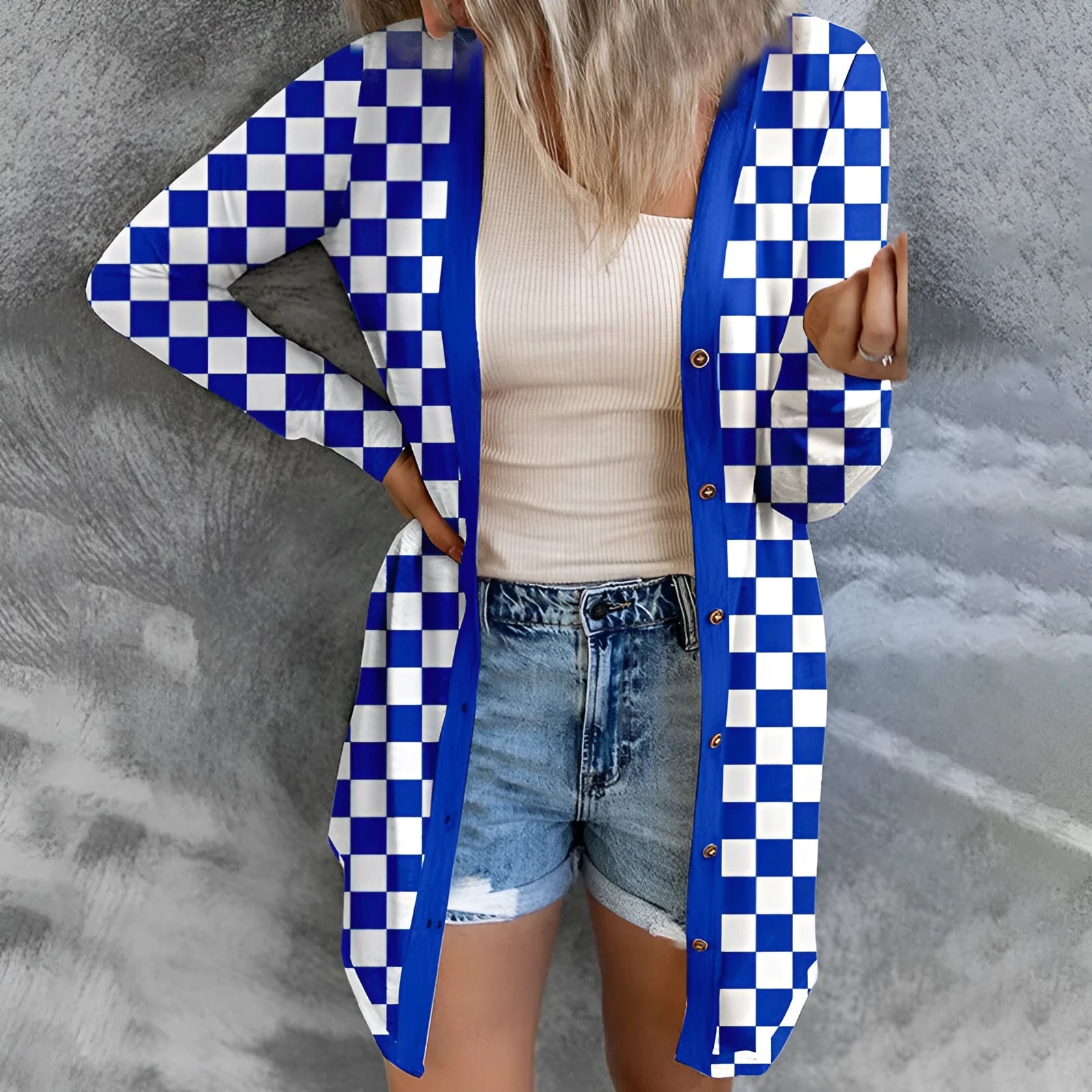 Women's long loose knitted cardigan coat with plaid contrast color pattern in street fashion style