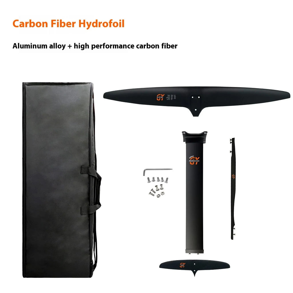 Black carbon fibre and aluminium racing hydrofoil for surfboards with a large front wing.