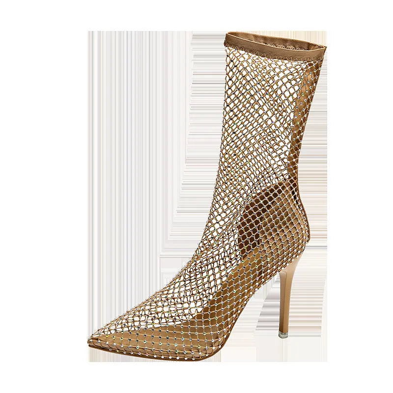 Gold mesh pointed toe stiletto high heel sandals with slip-on oversleeves design