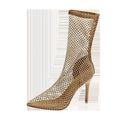 Gold mesh pointed toe stiletto high heel sandals with slip-on oversleeves design