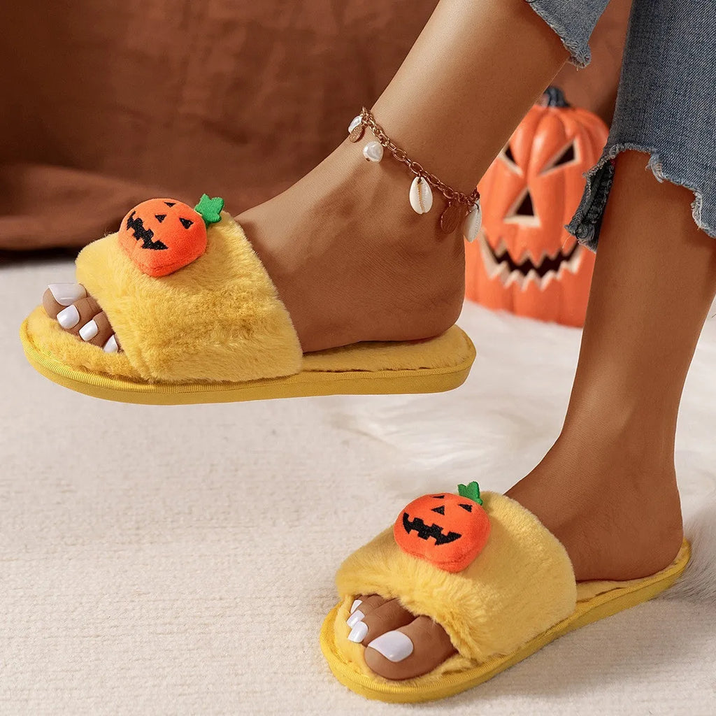 Pumpkin cartoon plush open toe slippers in white and yellow colours with synthetic fur upper