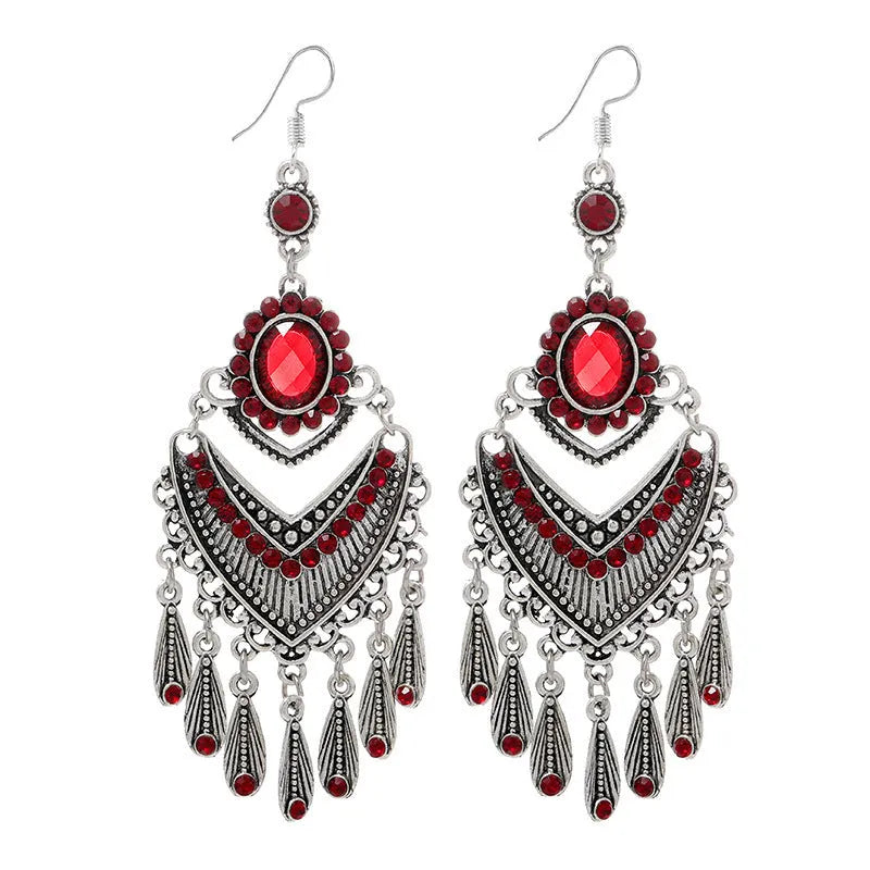 Smart water drop purple retro alloy earrings with long fringe in a drop shape
