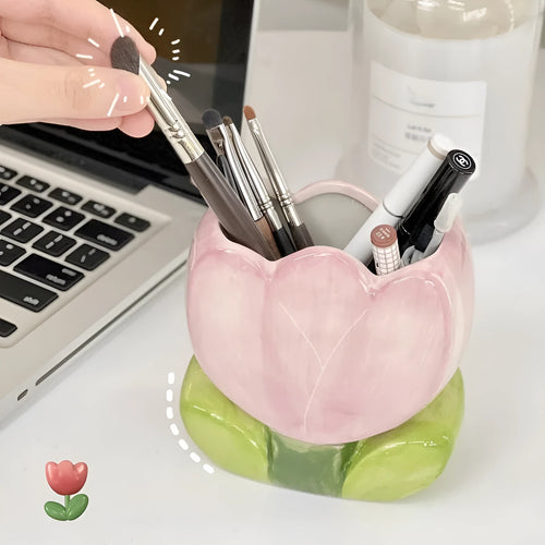 Ceramic flower pen holder storage box with floral design for desktop organisation