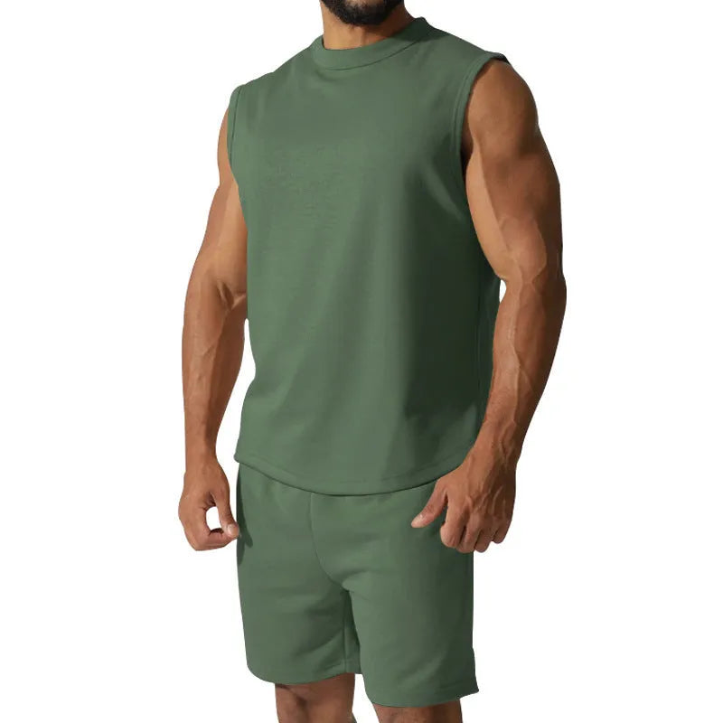 Men's sleeveless cotton blend sports top and matching shorts in a solid colour