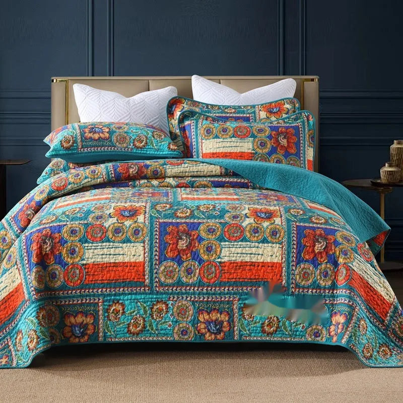 Pure cotton quilted bed cover set with printed pattern for 1.5-1.8 metre beds