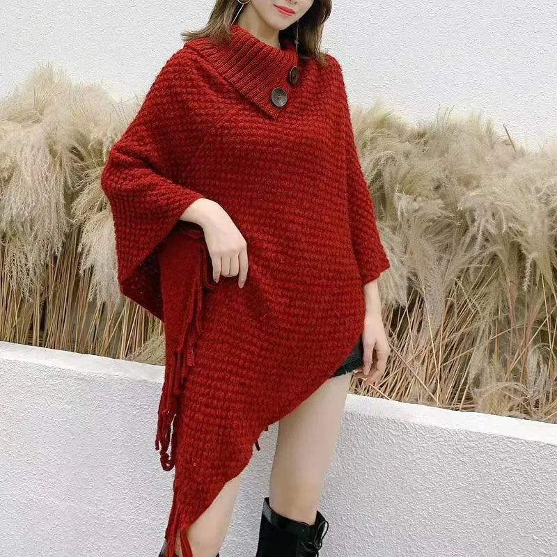 Women's triangle shawl cape in plush cashmere-acrylic blend with tassel detailing