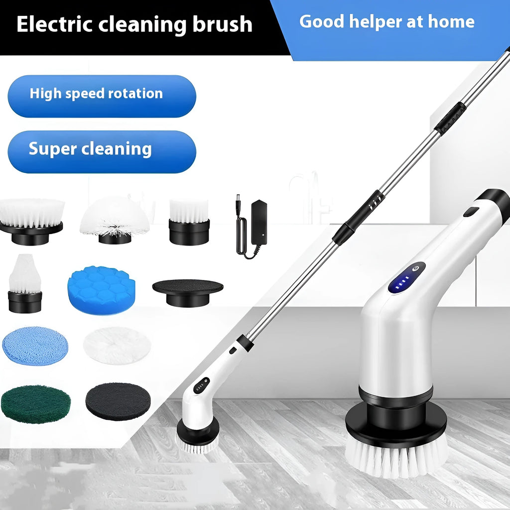 White lithium rechargeable handheld cleaning ball with brush and accessories on a white background.