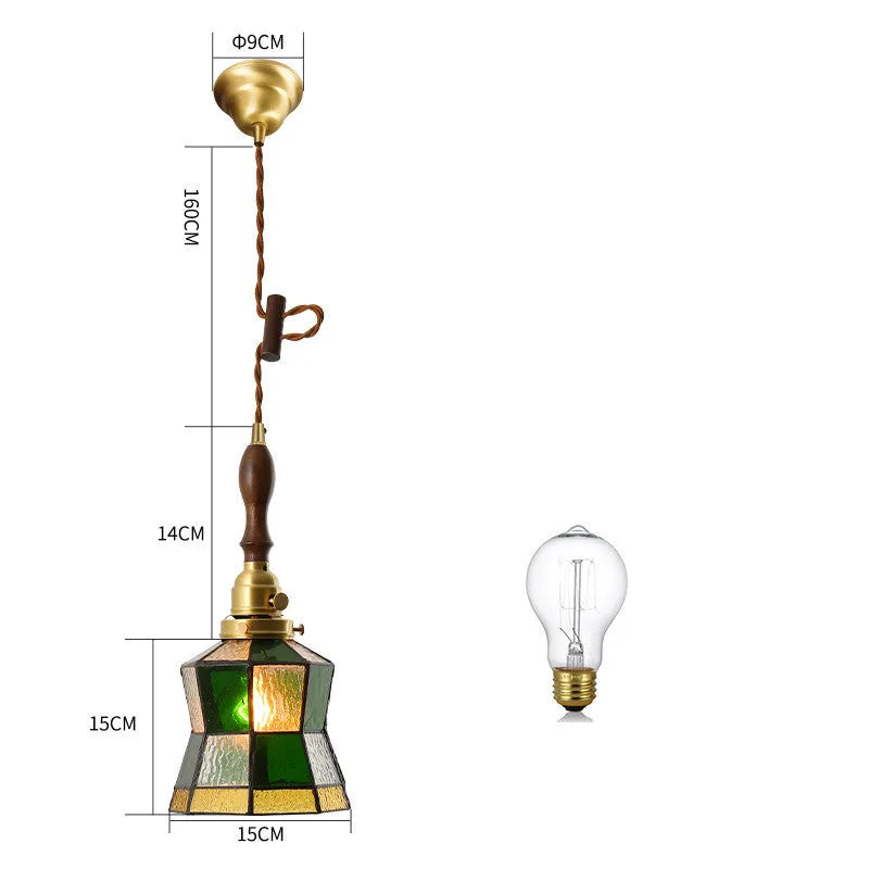 Japanese retro brass and glass chandelier with hand-blown shades, walnut wood accents, and hemp rope light line