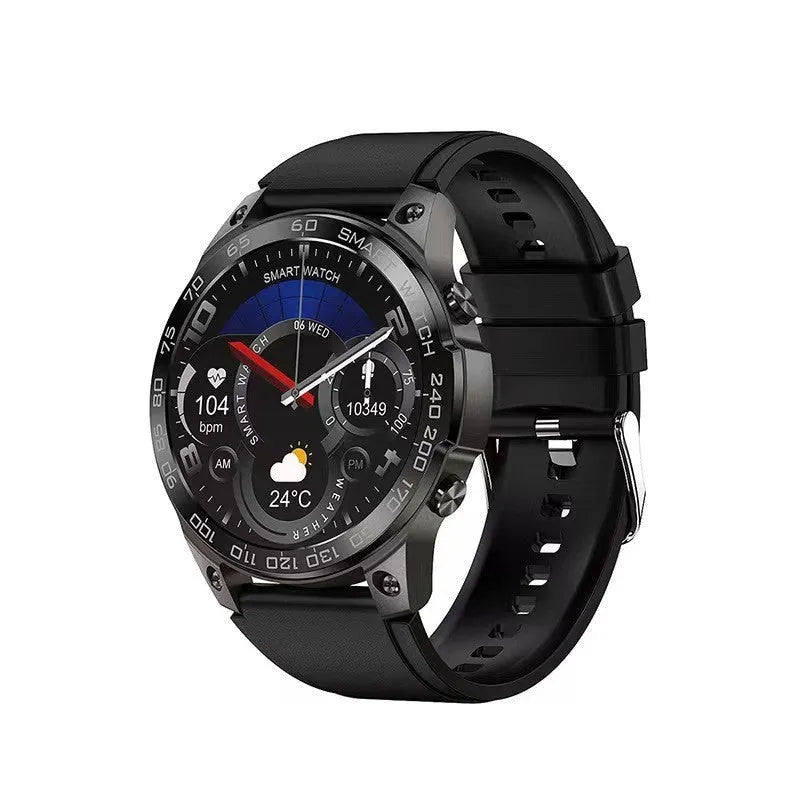 Bluetooth smartwatch with round AMOLED display showing fitness metrics on silicone wristband