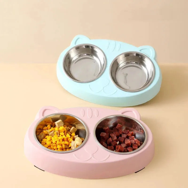 Blue macaron-shaped plastic pet feeder with two bowls for cat and dog feeding