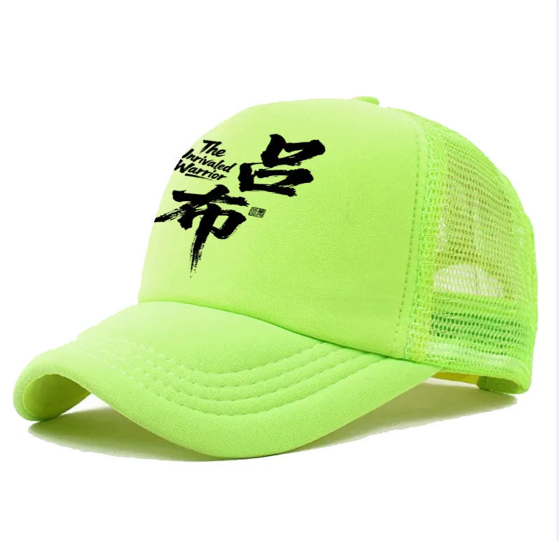 Men's adjustable polyester baseball cap shown in available colours: black, blue, green, grey, pink, and white.