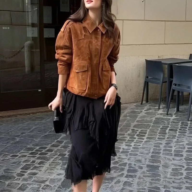 Women's suede street chic coat with regular sleeves in brown colour