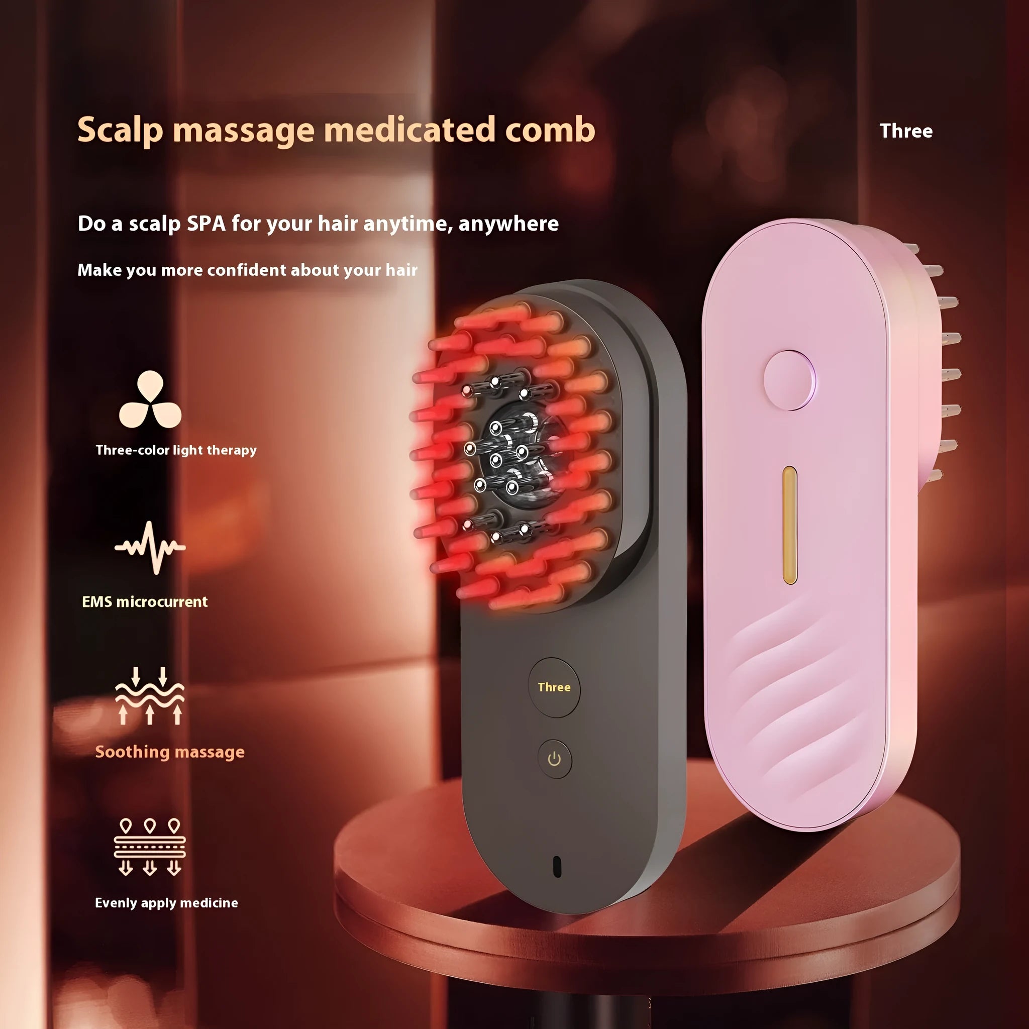 Pink and black smart massage comb with red light therapy for hair care, measuring less than 10cm