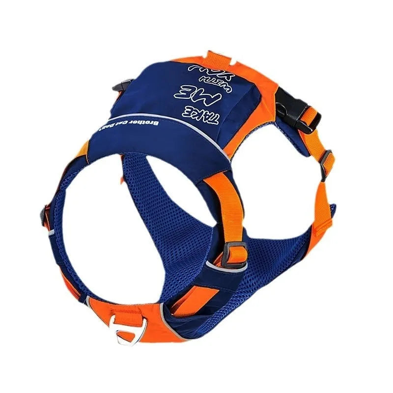 Orange blue nylon dog chest strap vest with hand rope leash, adjustable for secure walking