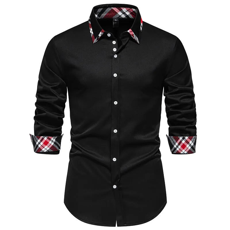 Men's blue casual long sleeve shirt with triangle collar and contrast plaid pattern.