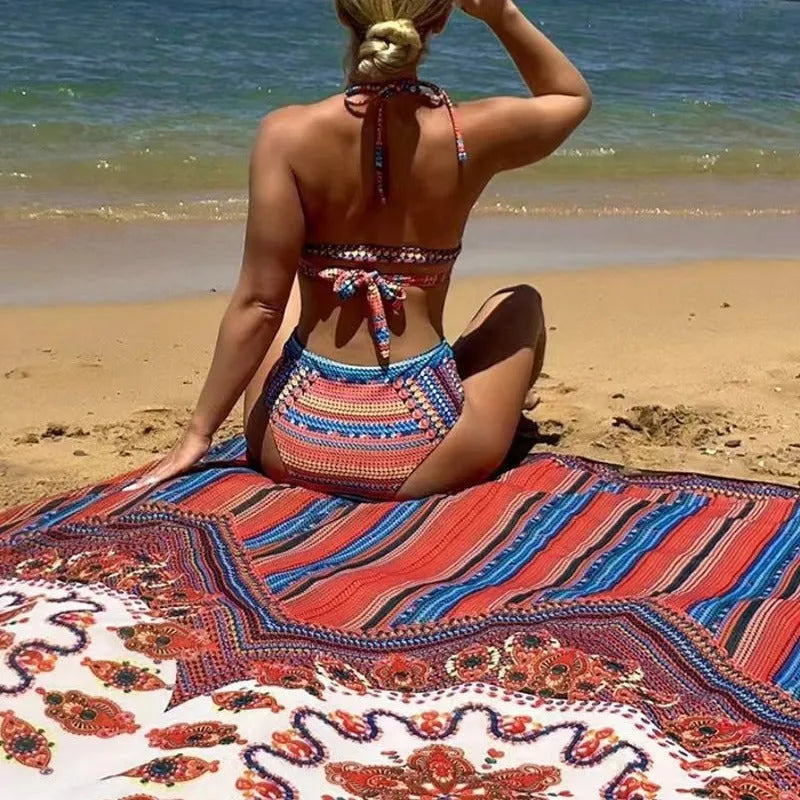 Women's three-piece swimsuit set showing high-waist briefs, cutout sleeveless blouse, and a coat.