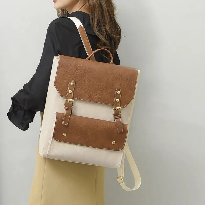 Korean style retro backpack in soft PU material shown in a dark brown colour.