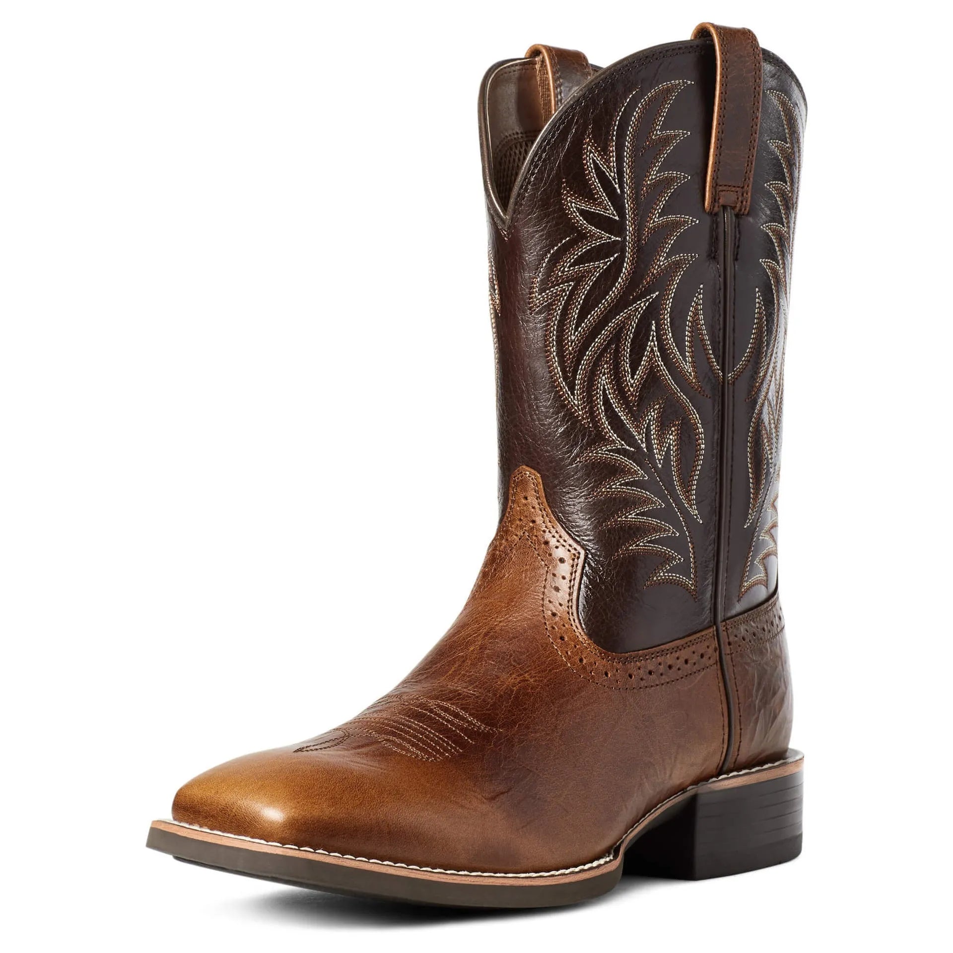 Men's black Western cowboy boots with intricate embroidery stitching, a wide square toe, and a high shaft.