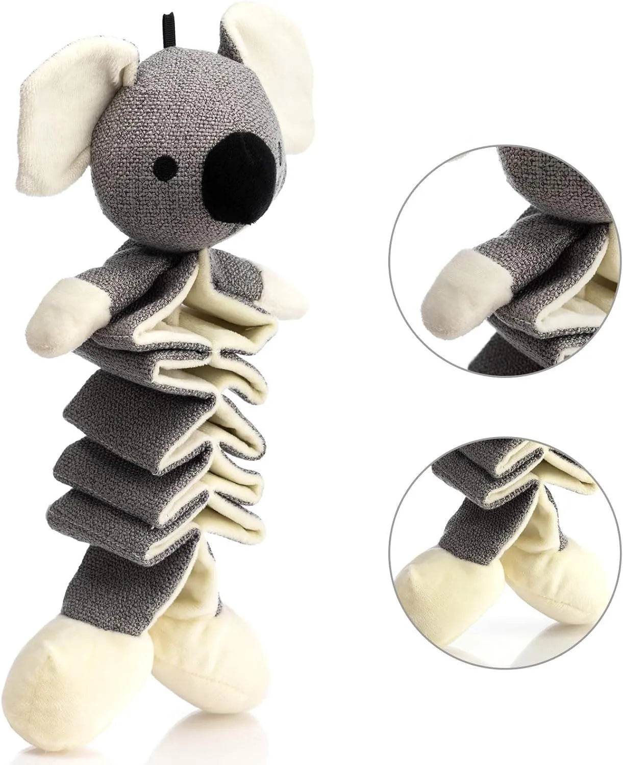 Grey koala squeaky dog toy with crinkle paper, measuring 30cm from head to foot