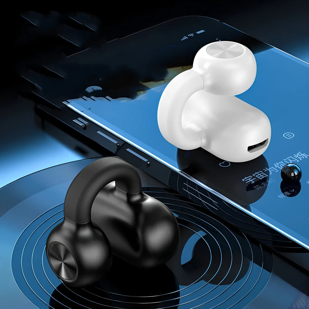 Black wireless Bluetooth headset with clip-on design and bone conduction technology