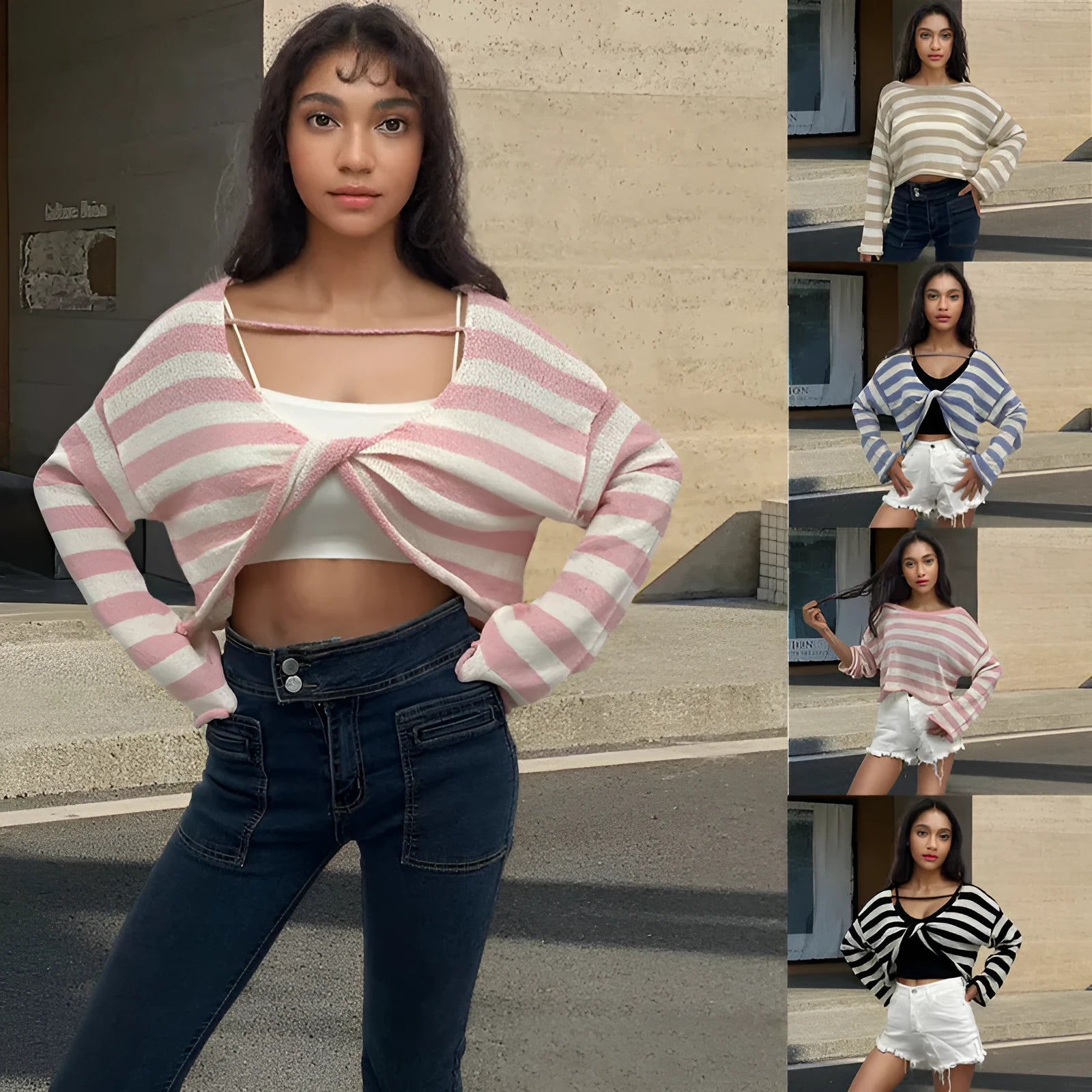 Striped long-sleeved cotton sweater with front and back wearable design and exposed navel detail