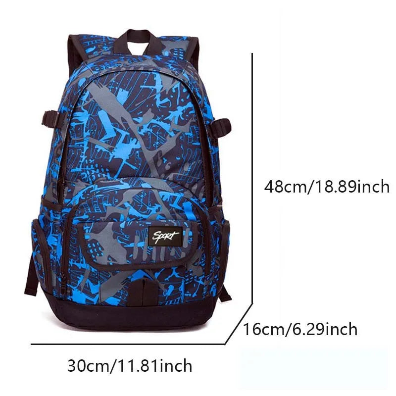 Classic nylon backpack in blue and red colours with large capacity for travel and school use