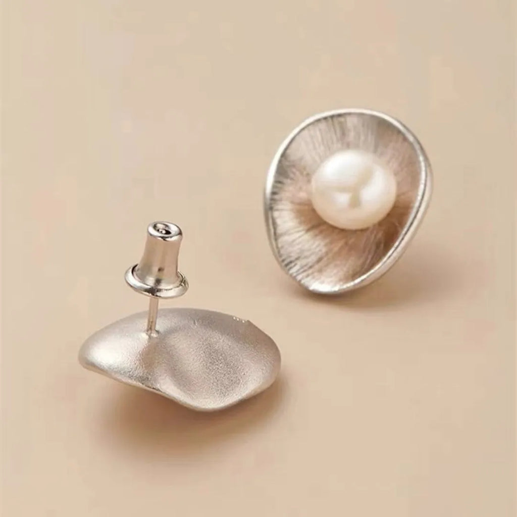 Gold colour pearl sterling silver needle earrings with geometric design and butterfly clasps