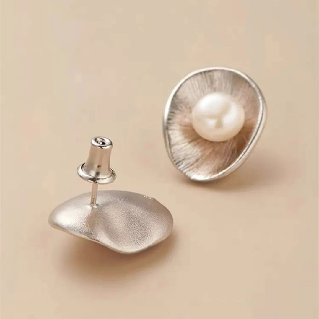 Gold colour pearl sterling silver needle earrings with geometric design and butterfly clasps