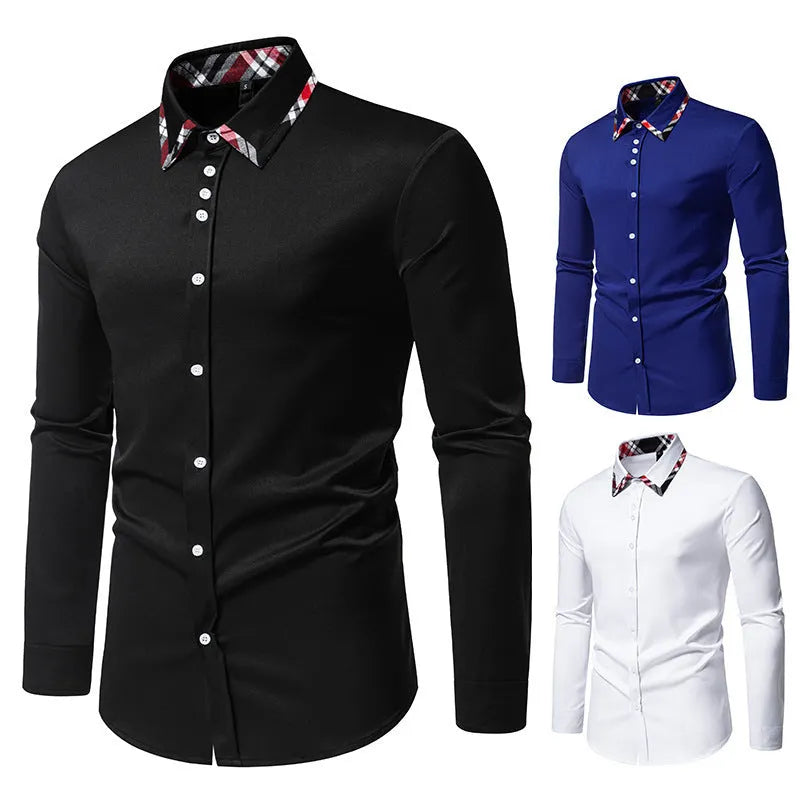 Men's blue casual long sleeve shirt with triangle collar and contrast plaid pattern.