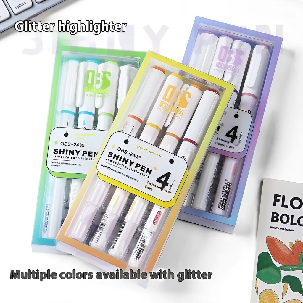 Set of four glitter fluorescent highlighter pens with slanted tips in assorted colours