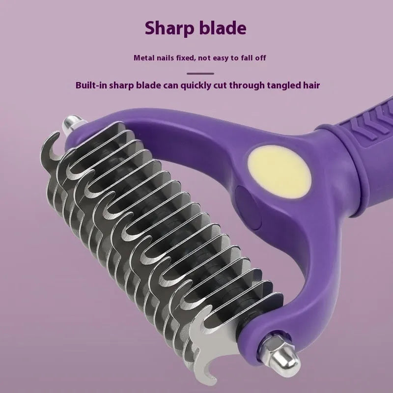 Purple plastic double-sided pet grooming comb for removing tangles and knots